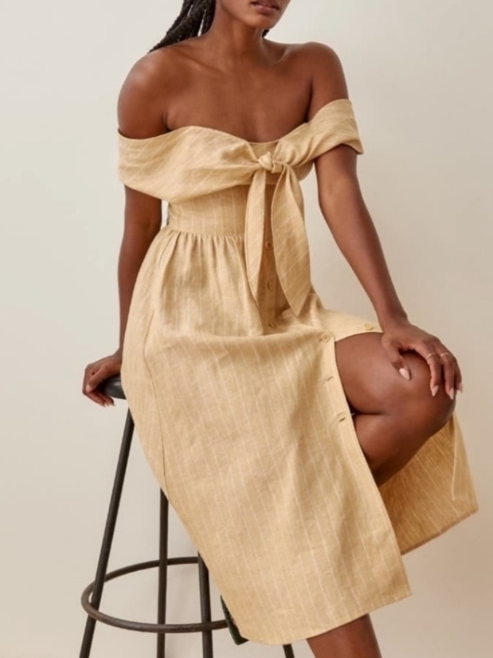 Reformation Off-Shoulder Linen Butter Yellow Dress